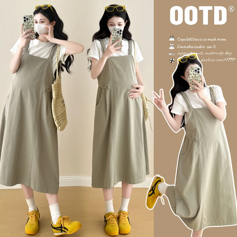 xiaobu~孕妇装2025夏季新款时尚休闲麻花辫背带孕妇连衣裙两件套
