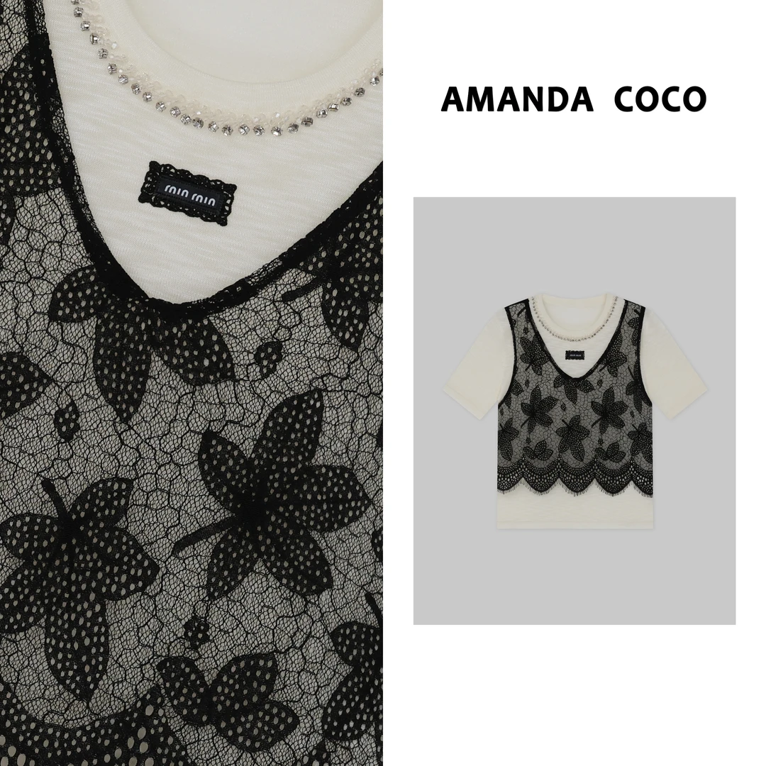 嘉嘉# 浪漫花漾～夏季薄款串珠蕾丝拼接假两件短袖针织衫