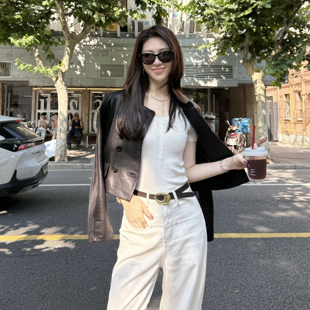 王嬛嬛MsLime25年新款【廓形】进口绵羊皮黑色皮衣 HD2A1265