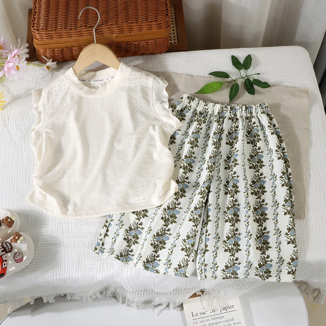 女童冰感五分裤碎花套装宝宝夏季家居服女孩夏款短袖短裤两件套潮