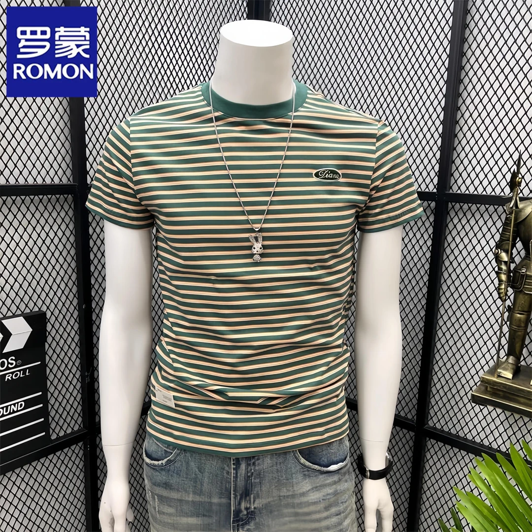 罗蒙夏季新款高级感男士短袖t恤欧货帅气宽松条纹商务休闲时尚潮T