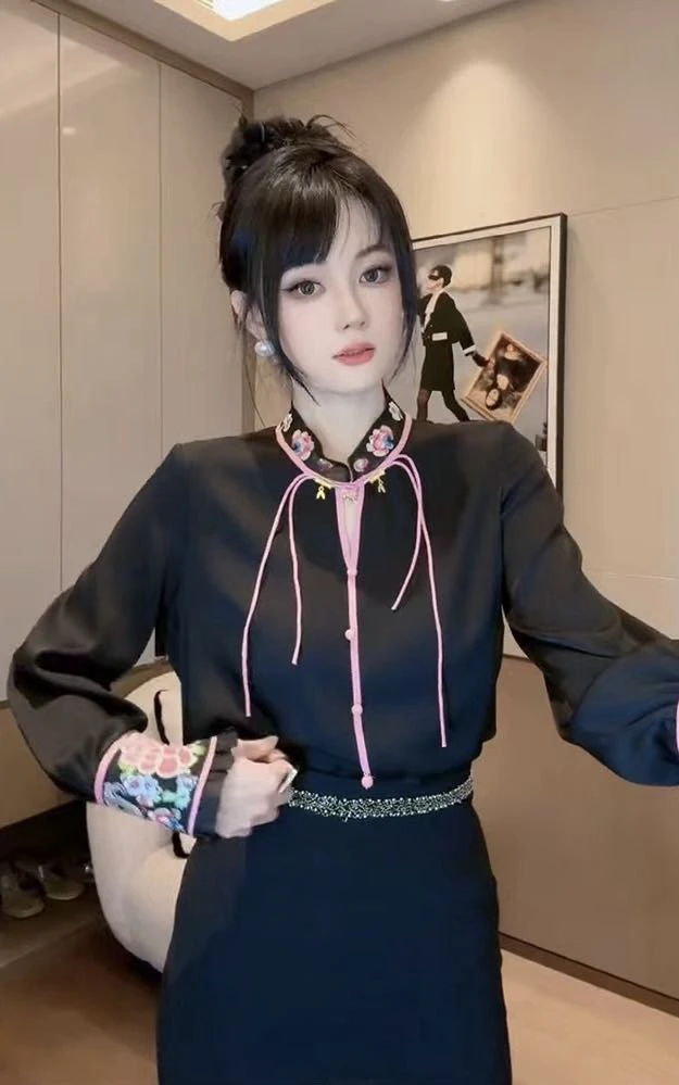 国风改良旗袍长袖刺绣衬衫复古立领上衣