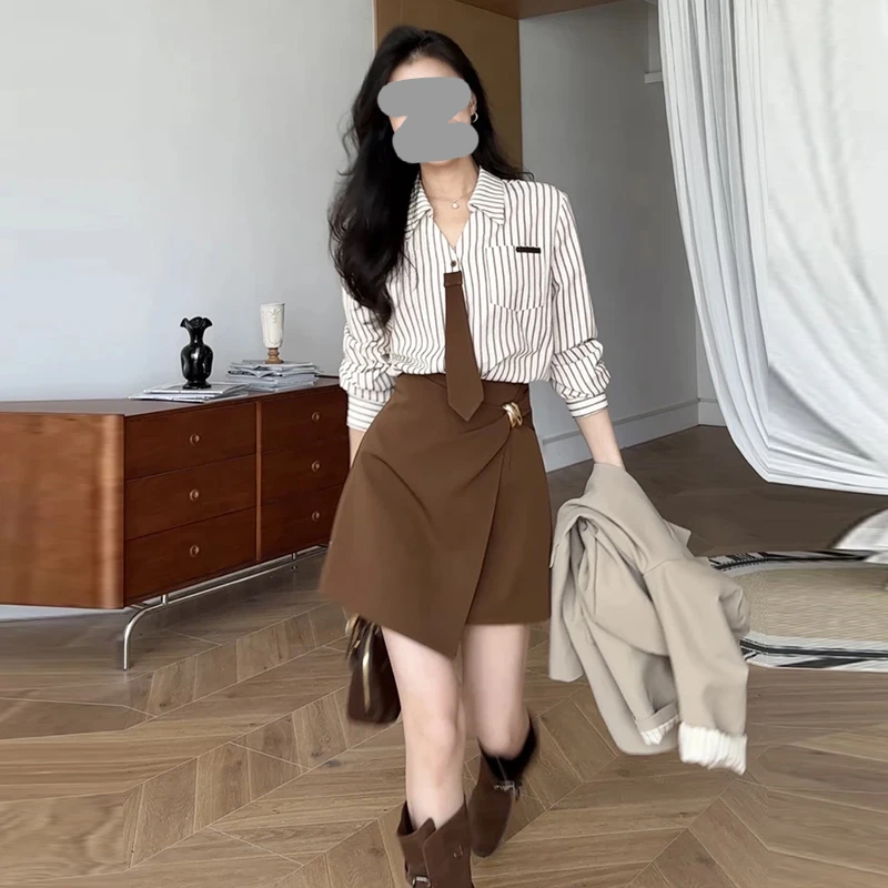 美式复古炸街套装女2025年春秋新款条纹长袖衬衫高腰半身裙两件套