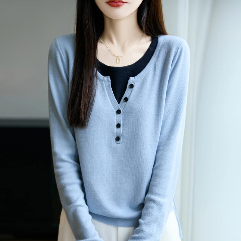 品牌2025新款秋季精纺羊毛带扣假两件侧边抽绳针织上衣圆领纯色