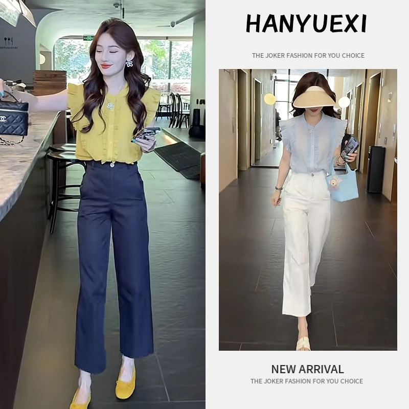 夏季时尚一整套女装2025新款洋气小飞袖衬衫上衣高腰休闲裤两件套