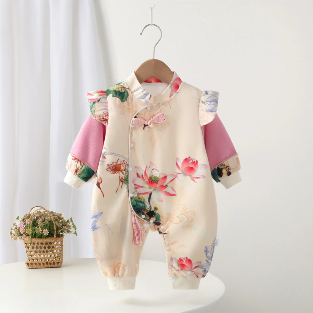 新款公主婴儿连体哈衣春秋款长袖国风外出服爬服双层荷花盘扣连衣