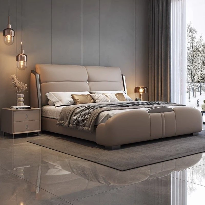 意式极简真皮床婚床高端大气双人床现代简约轻奢主卧大床实木皮床