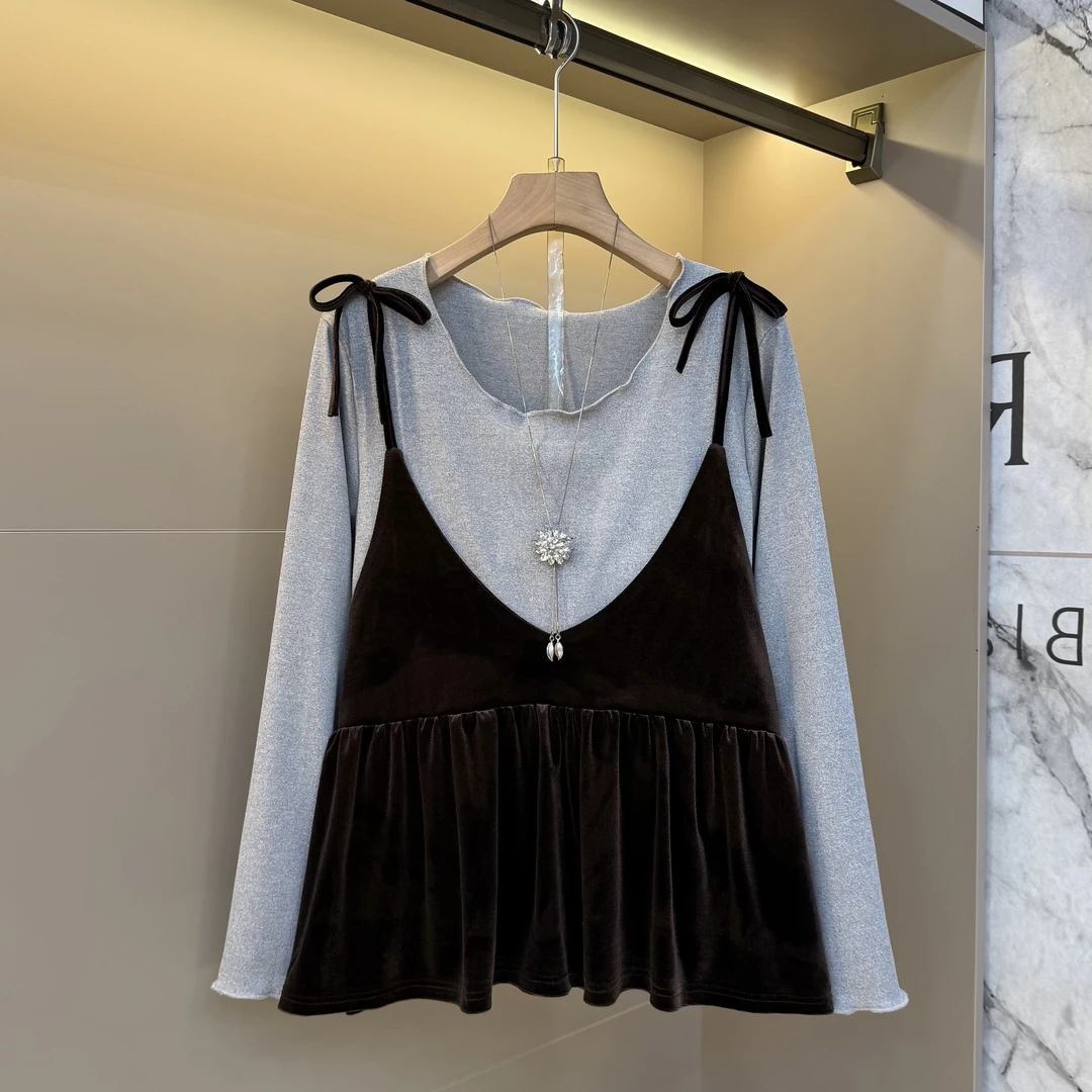 大码女装洋气韩版2025精致净版长袖内搭+系带百褶吊带两件套888