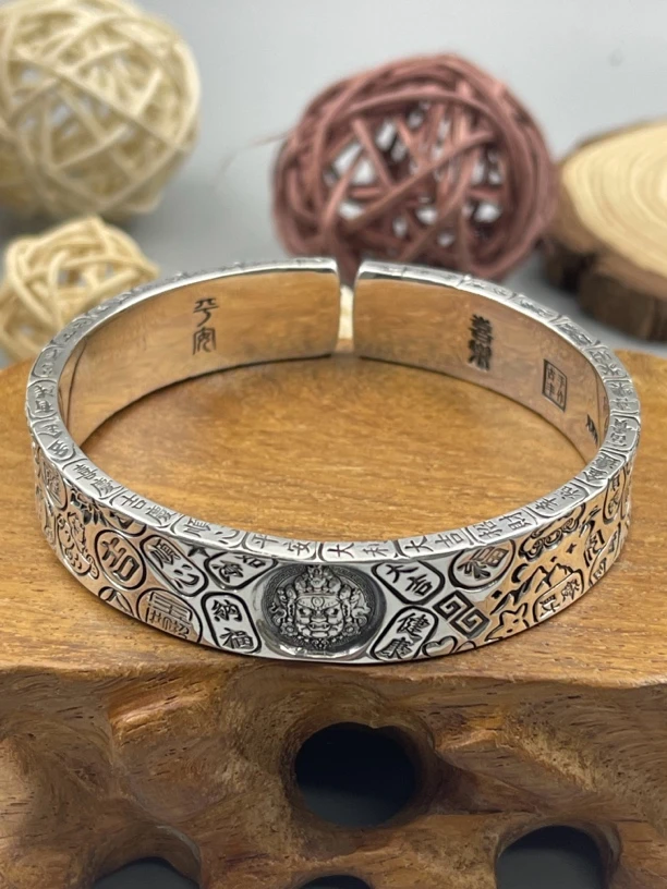 足银手镯 黄财神满雕吉言手镯时尚大气个性百搭实心手工男女款