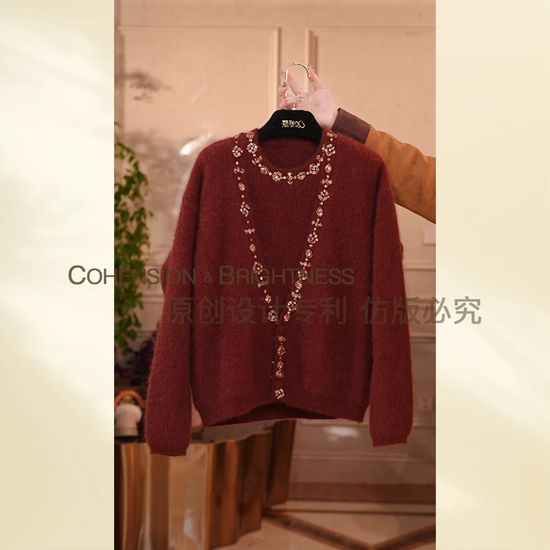 凝慧【娇奢佳人】进口山羊绒重工钉钻气质保暖针织马甲+开衫JT105