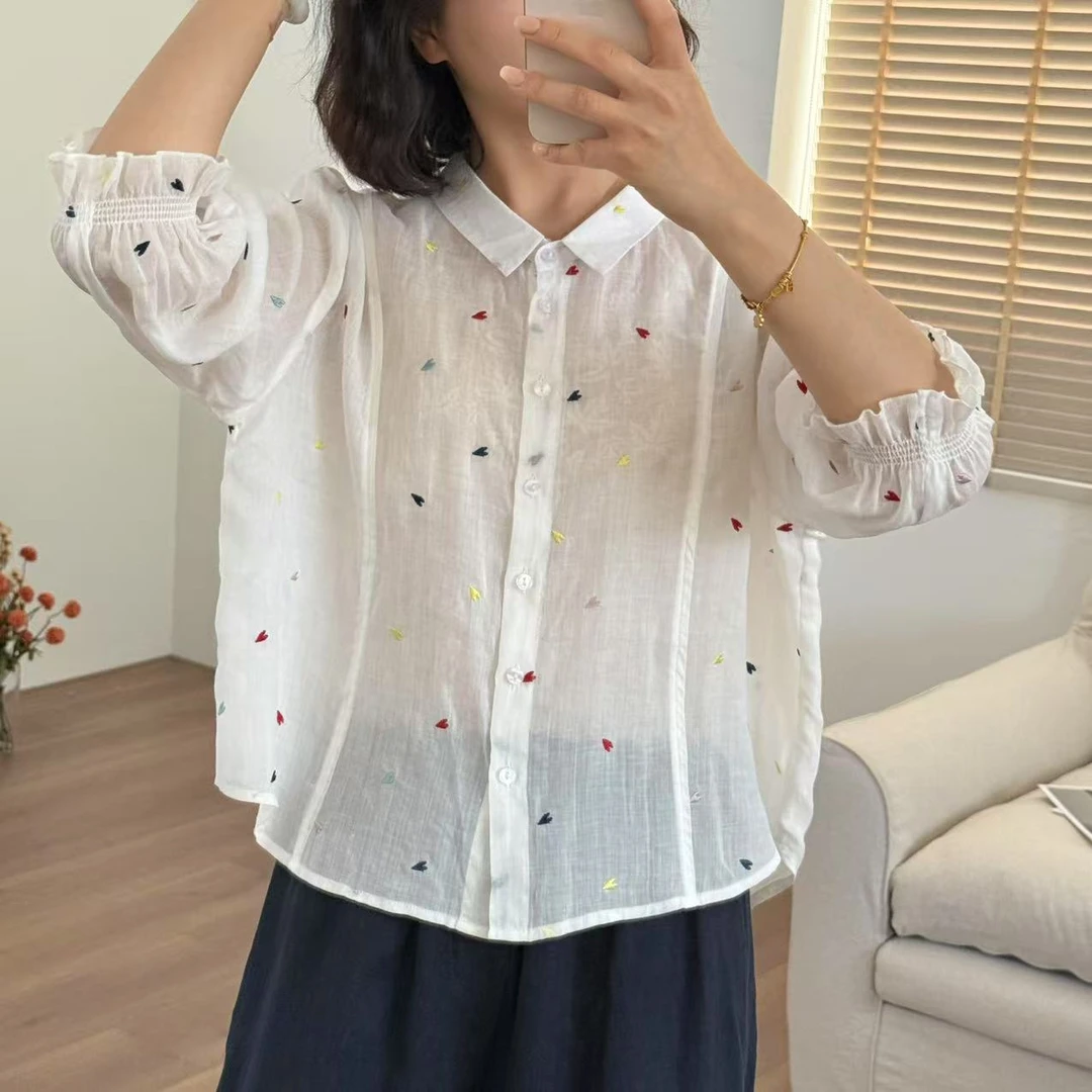 常樂家2025夏季新款苎麻防嗮爱心刺绣翻领小衫915