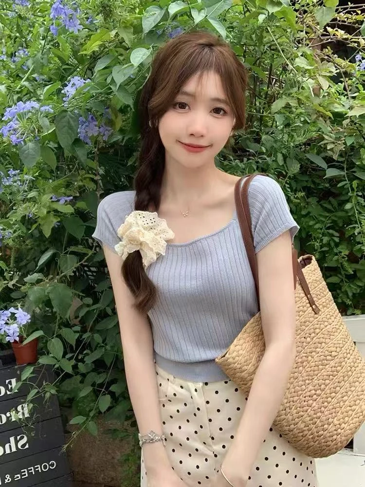 NN001-时尚T恤显瘦法式小众方领设计感夏季