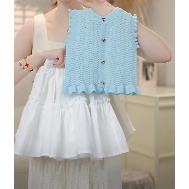 【夏款清仓no退no还】韩版蓝色薄款背心米白色裙子百搭时尚0624