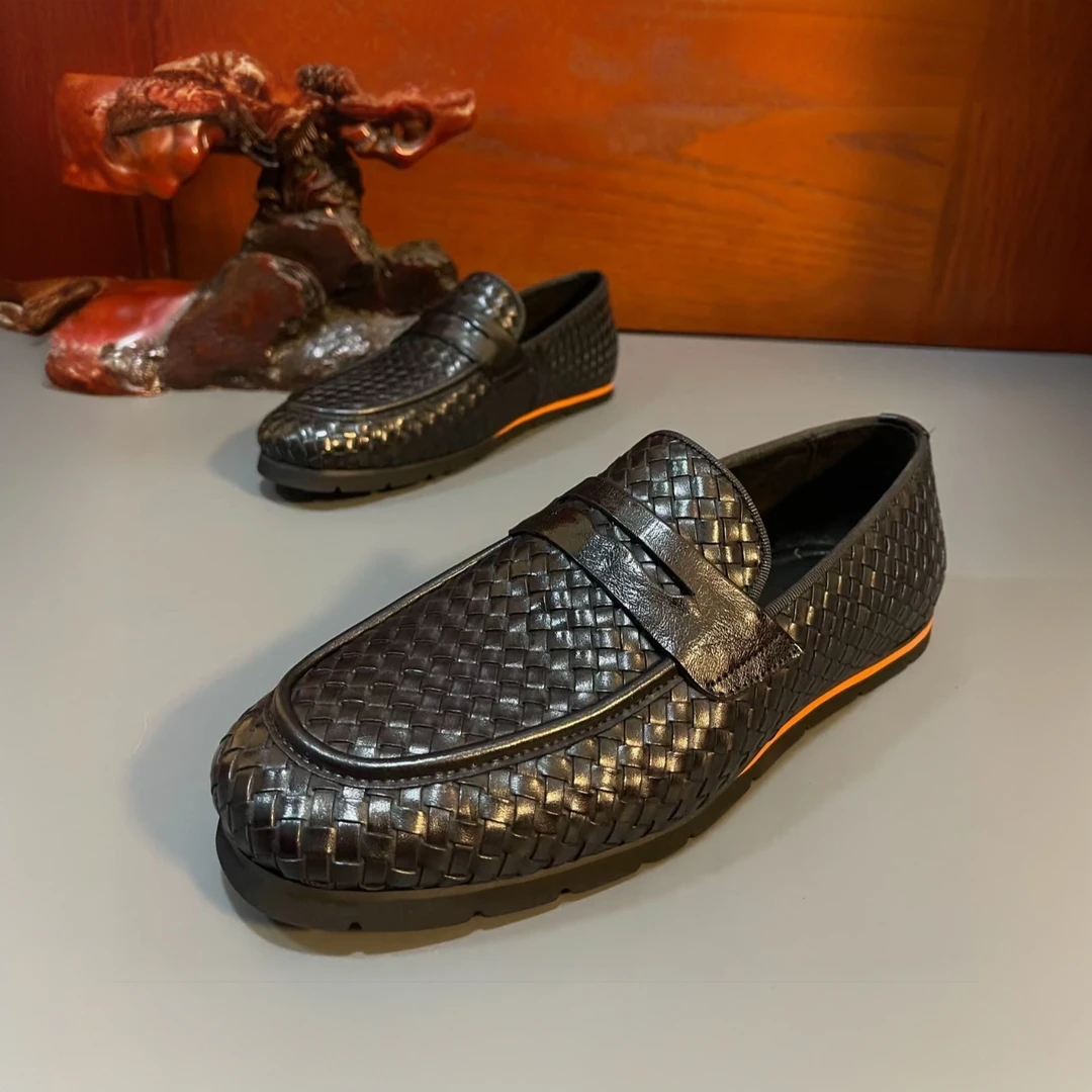 夏季新款轻奢软底软面男士平底休闲皮鞋高端欧货编织纯手工17001
