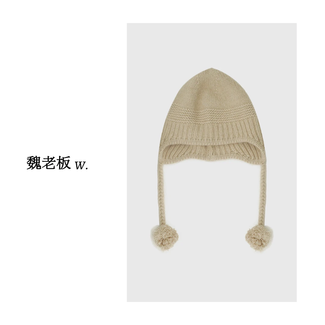 W.Diva【雪海】纯色护耳帽小辫羊绒帽子4HDM08003
