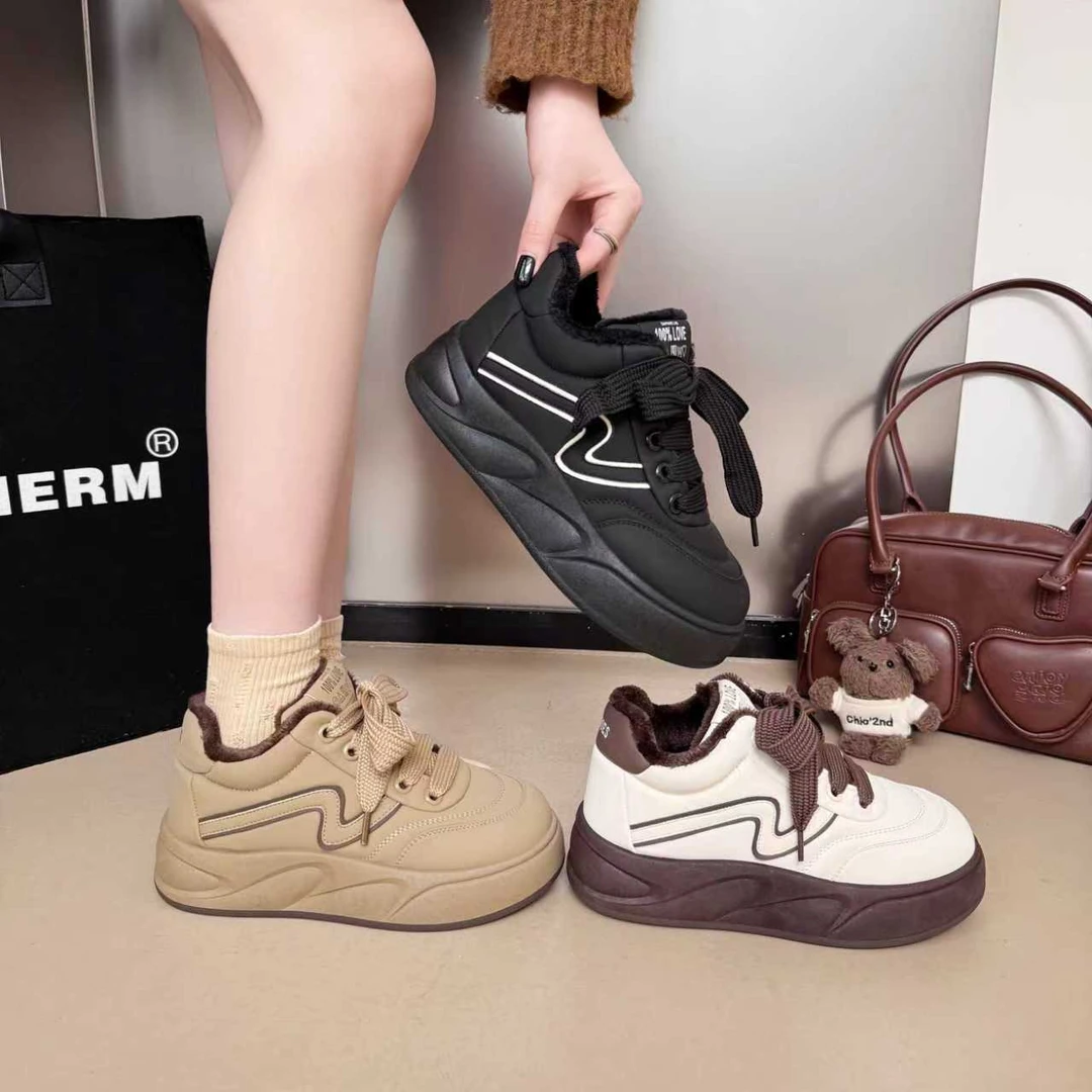 2025新款加绒美拉德女面包鞋网红百搭休闲增高运动厚底软面板鞋潮