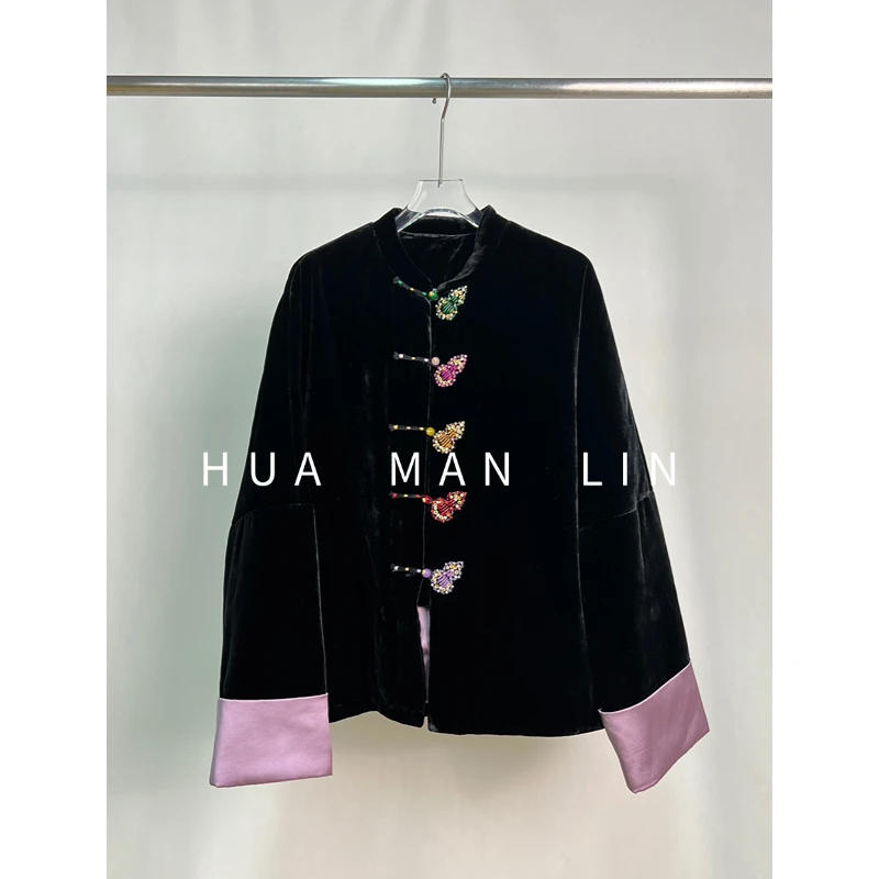 【花满林】立领正门襟钉珠葫芦紫色卷袖桑蚕丝丝绒加厚外套50091