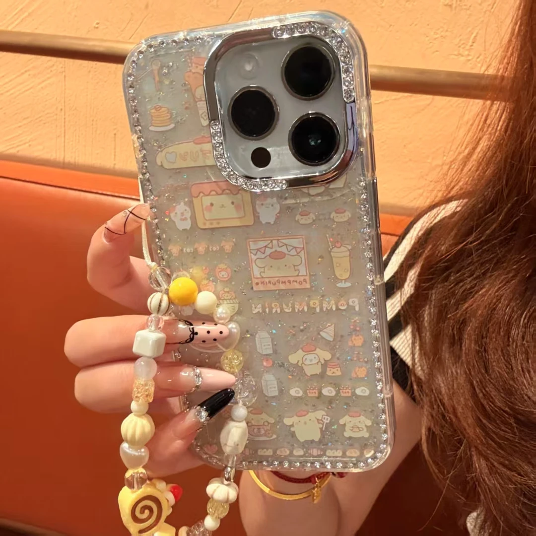 满屏可爱布丁狗闪粉适用苹果15pro手机壳闪钻边框16/14防摔保护壳