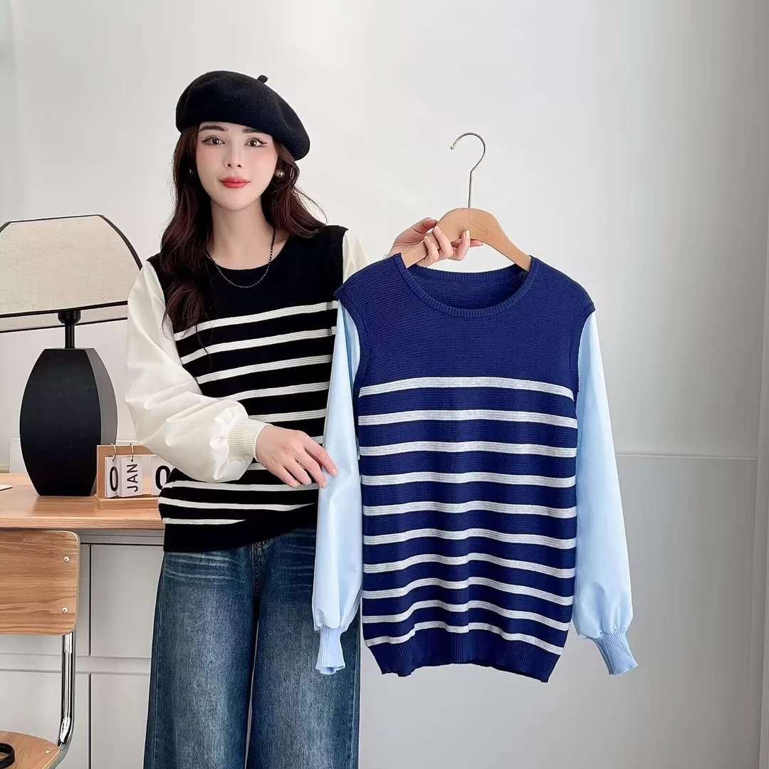 2025春季新款大码显瘦拼接撞色条纹宽松针织长袖百搭圆领上衣