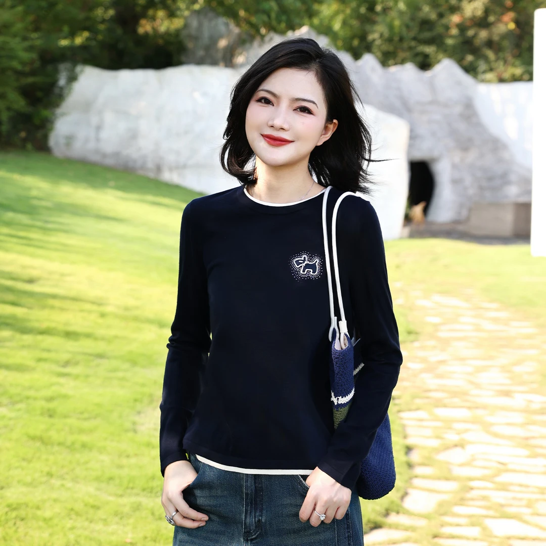 【假两件】阿楠anan全羊毛休闲撞色圆领烫钻刺绣针织衫女秋出游毛衣