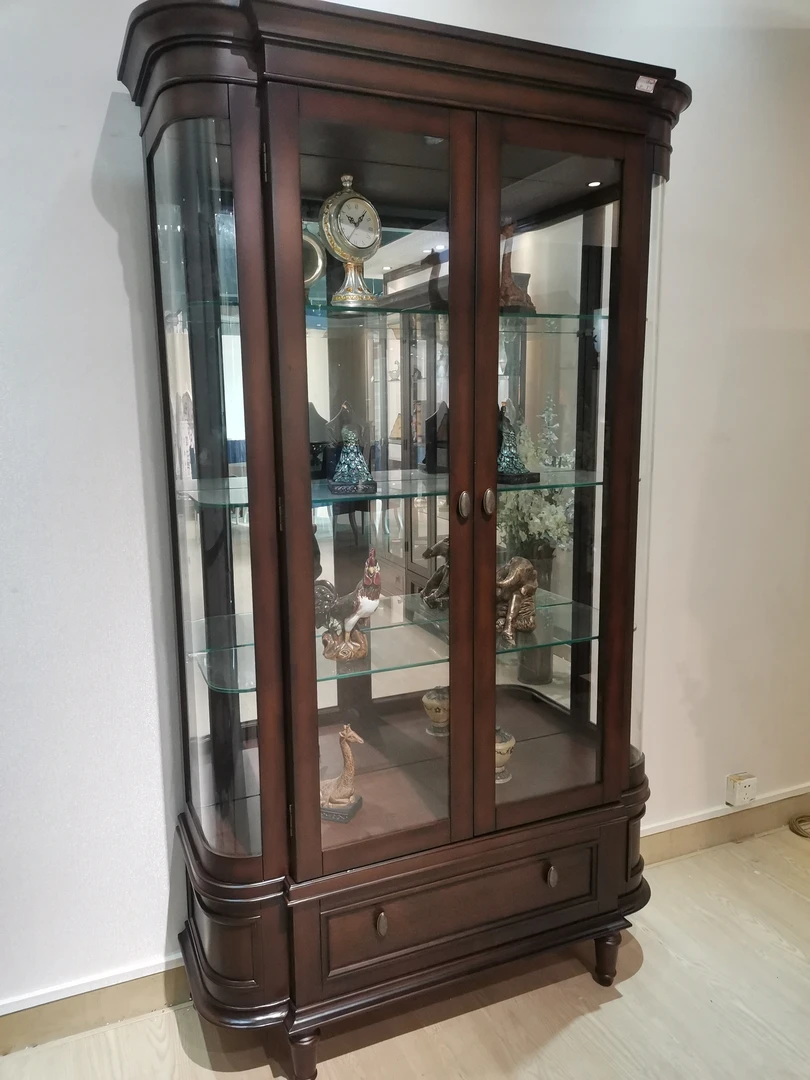 美式客厅两门玻璃餐厅欧式雕花古典奢华酒柜双门玻璃门展示柜