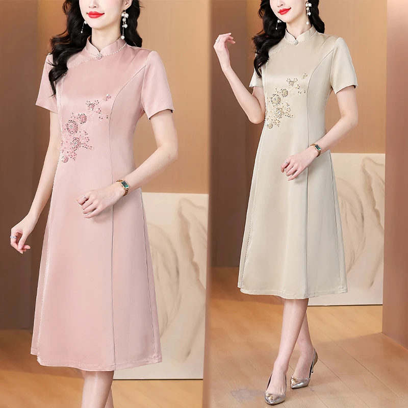 xxnz6578香槟色妈妈婚礼旗袍裙2025夏季新款优雅洋气喜婆婆连衣裙