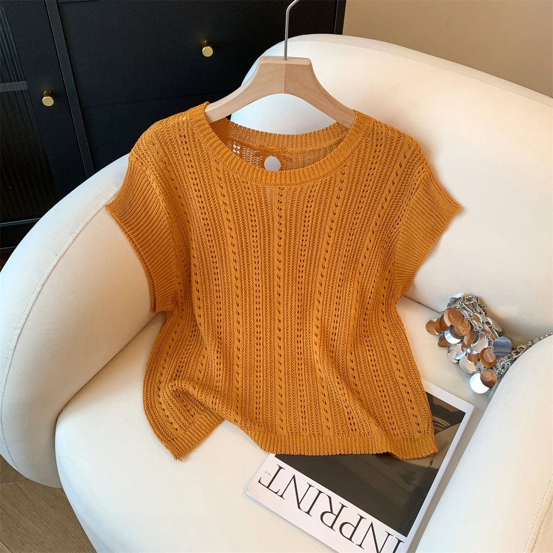 大码法式冰丝镂空T恤薄上衣女夏季胖mm遮肚后背镂空蝴蝶结针织衫