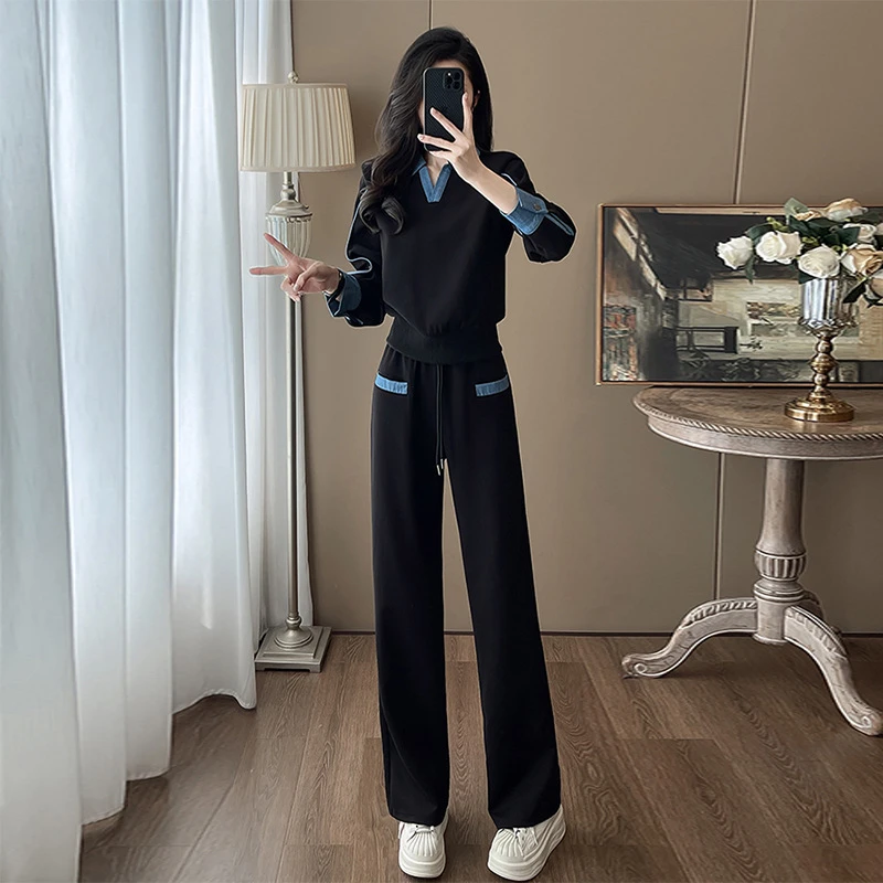 欧货时尚减龄休闲运动套装女秋冬季新款翻领卫衣直筒阔腿裤两件套