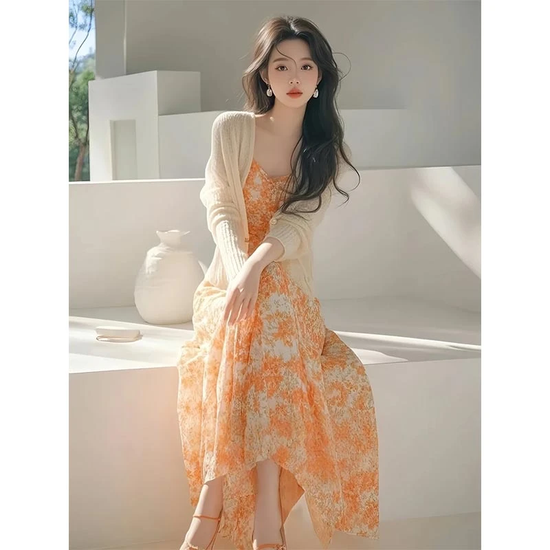 2025春夏装新款一整套女针织开衫森系橘色碎花连衣裙温柔减龄套装