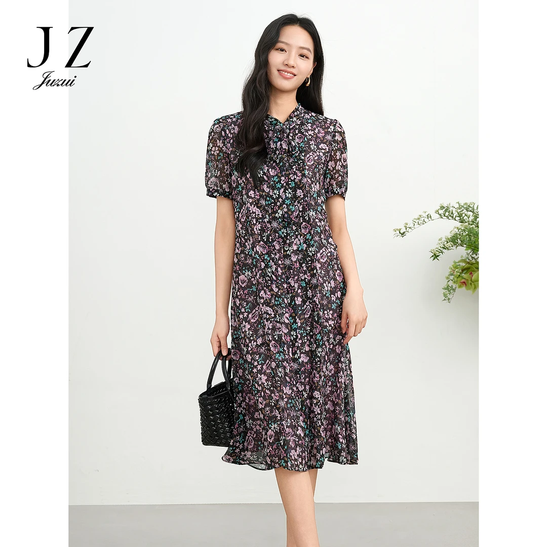 JUZUI玖姿优雅碎花印花立领连衣裙小黑裙女2025夏季新款JLFX50042