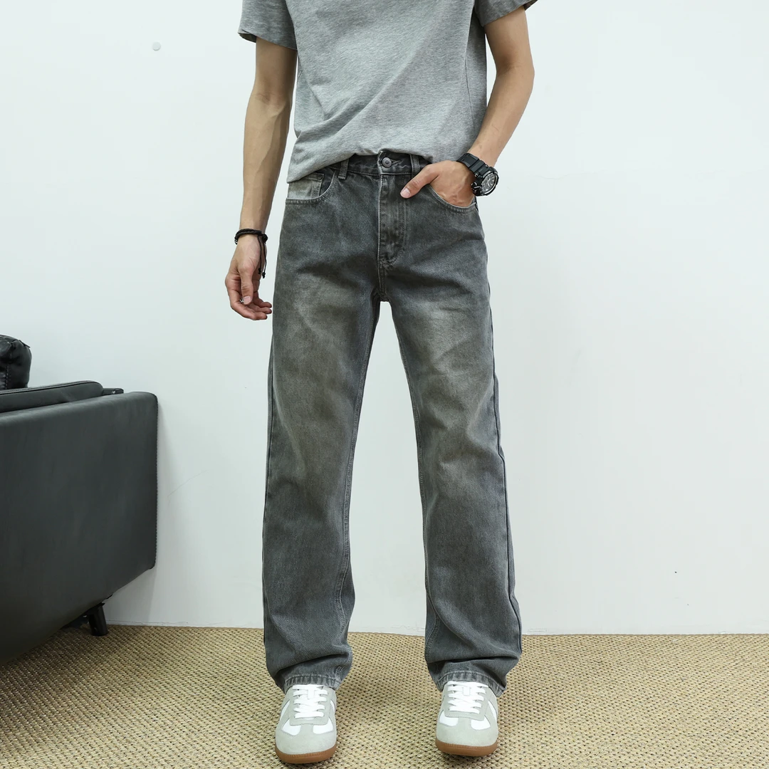 2025秋冬美式高街复古水洗黑灰休闲百搭长裤男黑色直筒修身牛仔裤