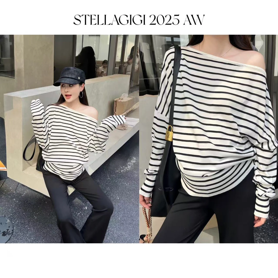 SG / 郭幂幂 AW 早秋时髦感 一字领细条纹套头针织衫T-20251641