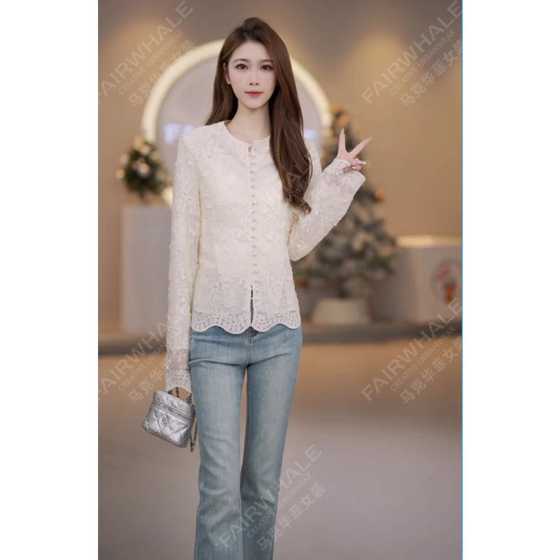 马克华菲女装新品春季长袖精致衬衫气质时尚复古法式舒适单排扣