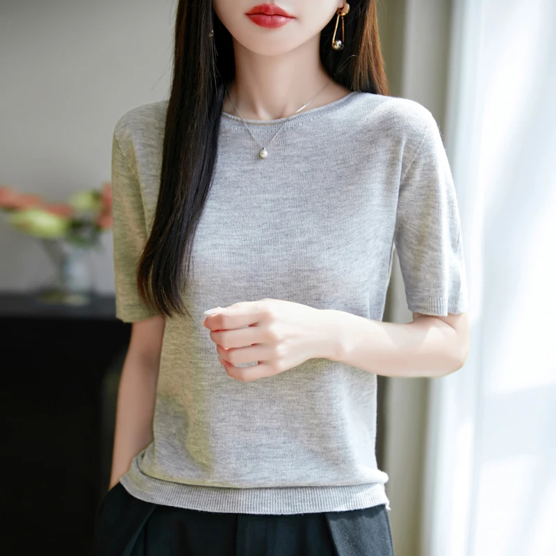 2025年夏季纺醋酸莱赛尔卷边圆领时尚短袖女打底衫显瘦修身百搭