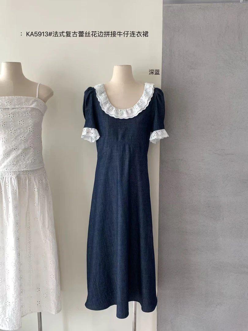 RS@5913 法式复古蕾丝花边拼接牛仔连衣裙（不要浸泡）