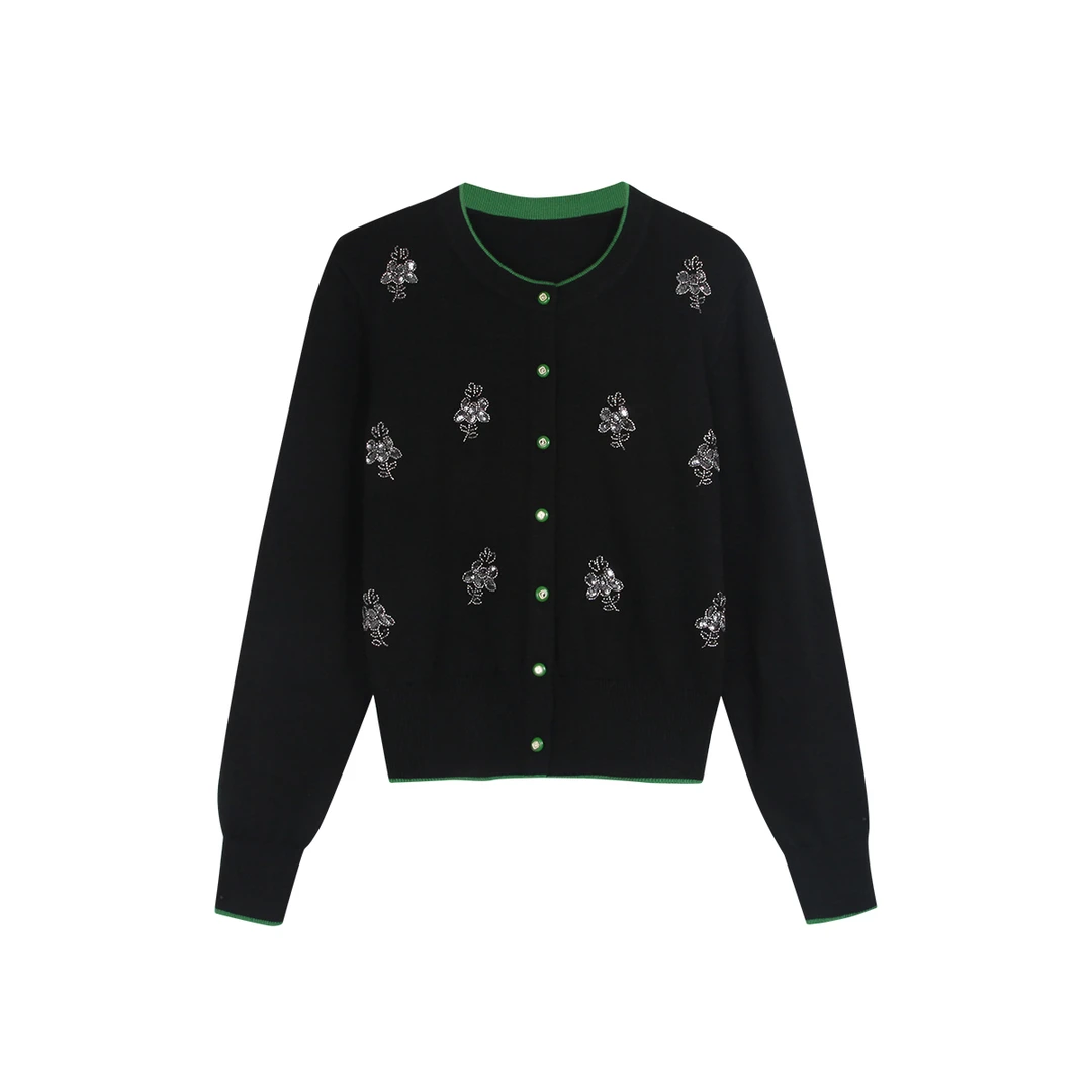 50350【深圳设计师】钉珠圆领显瘦针织开衫毛衣外套9807