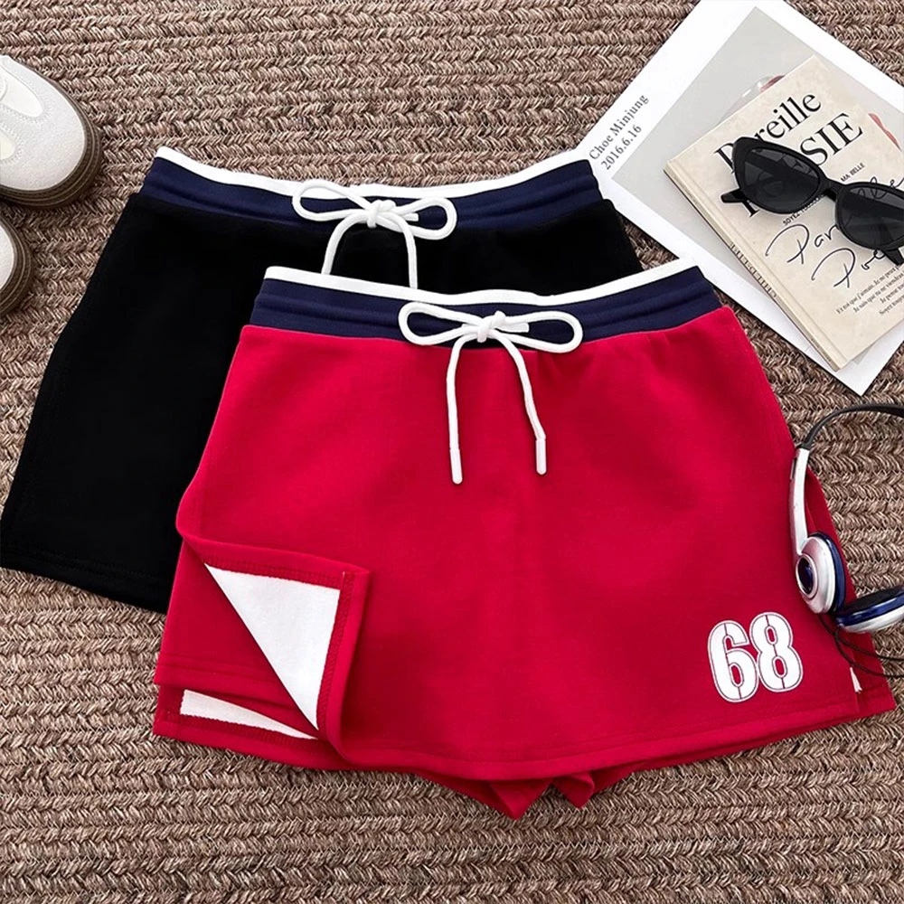 美式运动休闲撞色数字印花抽绳高腰显瘦半身裙防走光短裙包臀裙女