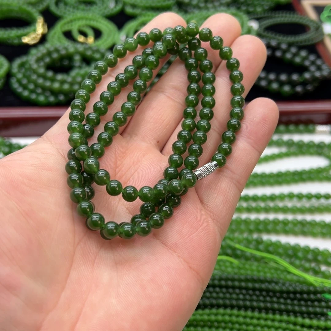 和田玉（碧玉）未镶嵌颈饰卡6 菠菜 微黑 108颗