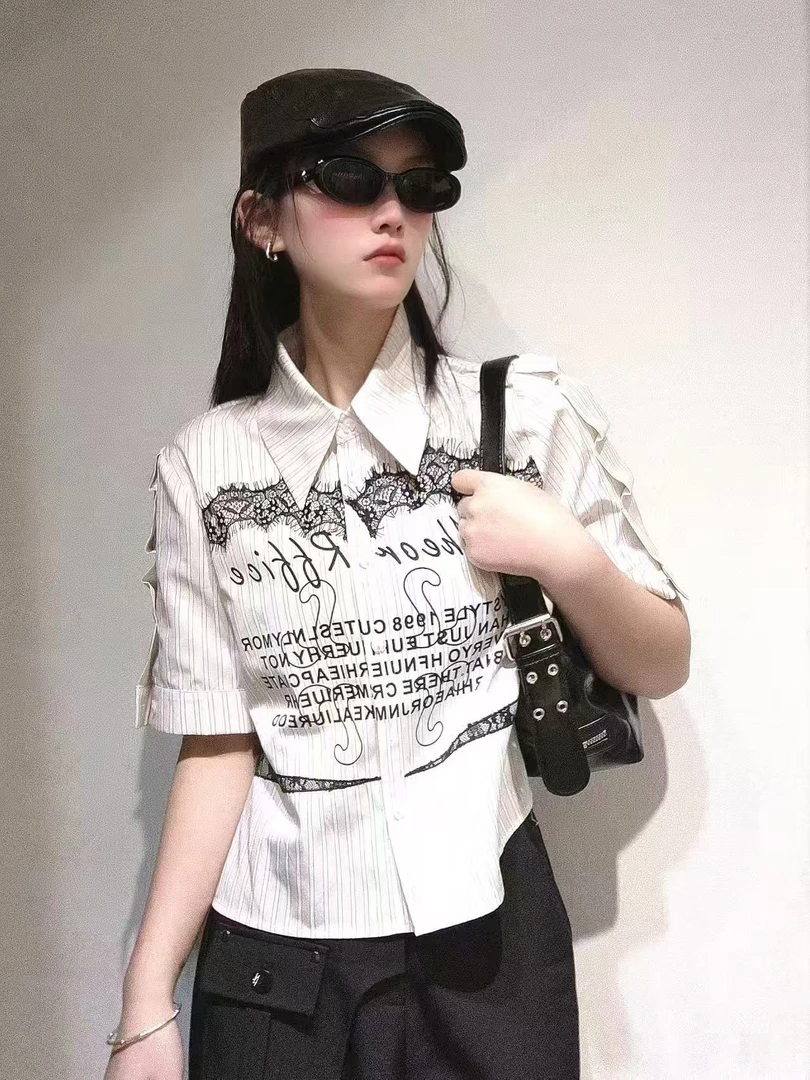 竖条纹褶皱短袖衬衫10508