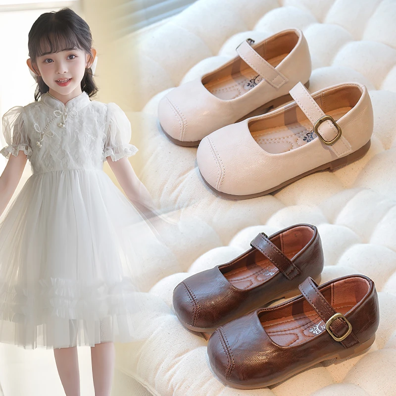 童鞋新款浅口软底儿童奶奶鞋2025春秋季纯色简约女童小皮鞋x