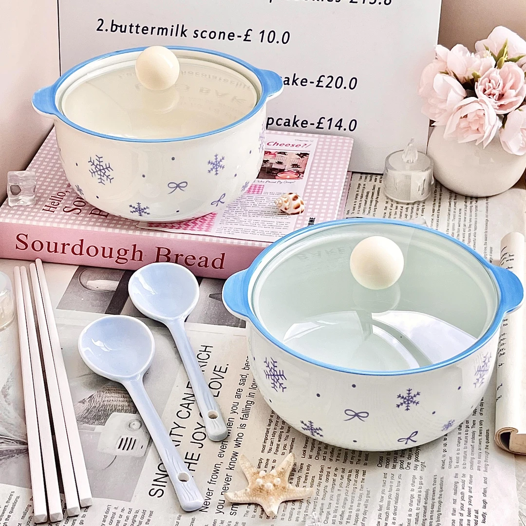 颜值ins雪花陶瓷泡面碗双耳带盖子釉下彩防烫家用宿舍泡面碗餐具