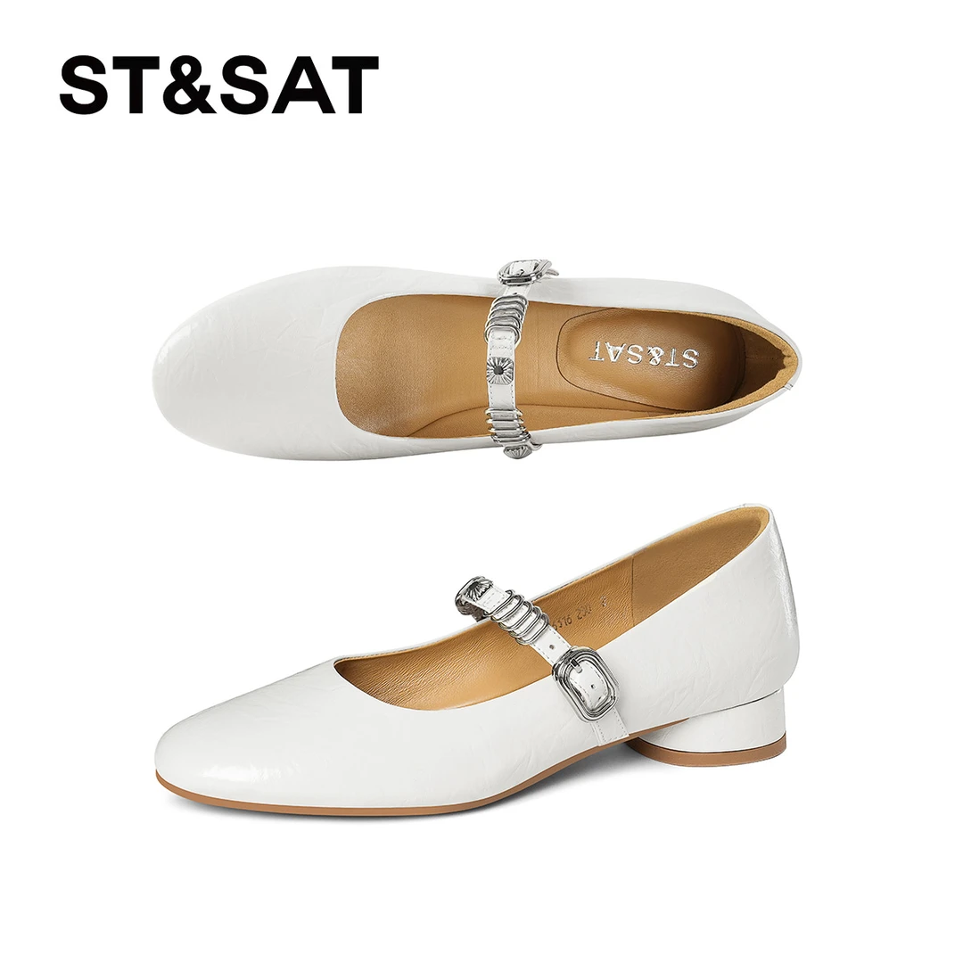 St&Sat/星期六法式粗跟单鞋金属装饰低跟玛丽珍圆头休闲百搭女鞋