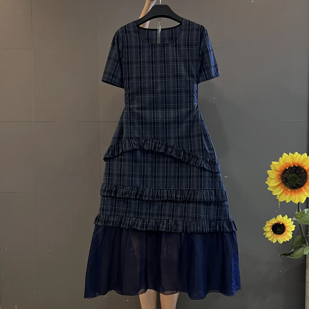 时尚新款复古格纹荷叶边拼接洋气显瘦大码连衣裙
