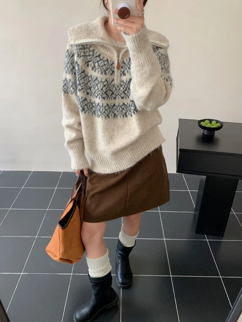 【荆棘花】复古感费尔岛提花拉链套头毛衣外套学院大翻领针织衫女