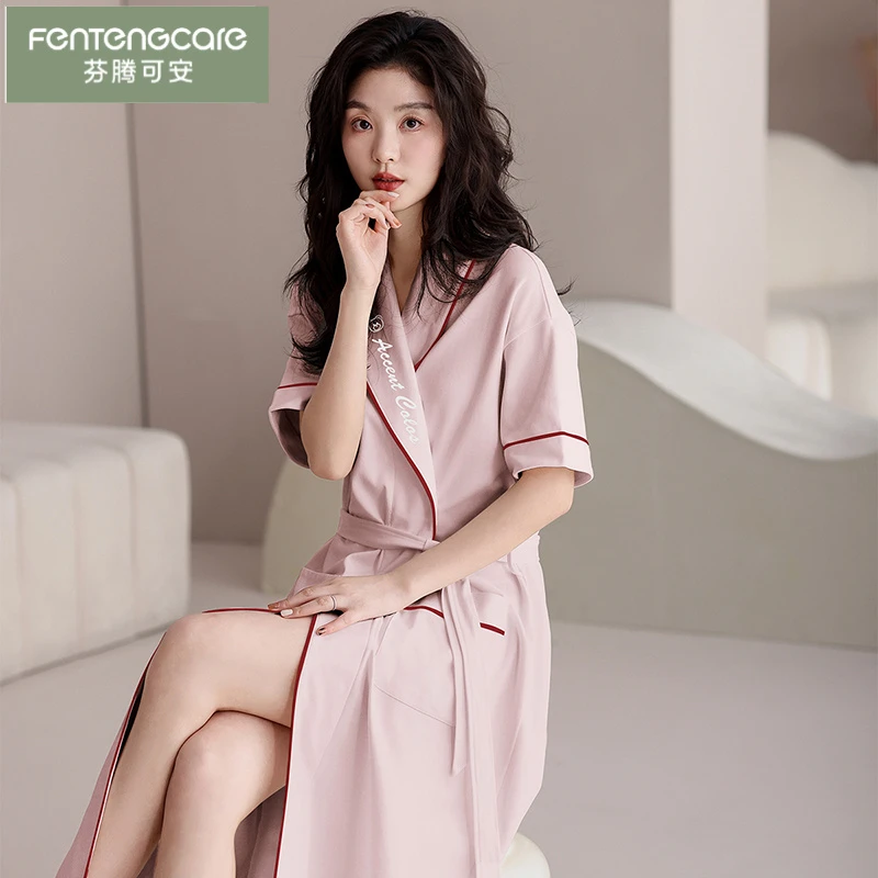 芬腾可安女士睡袍夏季睡衣女薄款简约家居服2025新款纯棉短袖浴袍