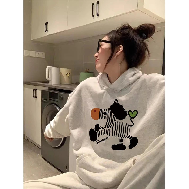 【可爱斑马】连帽卫衣女加绒oversize休闲复古宽松慵懒风外套上衣