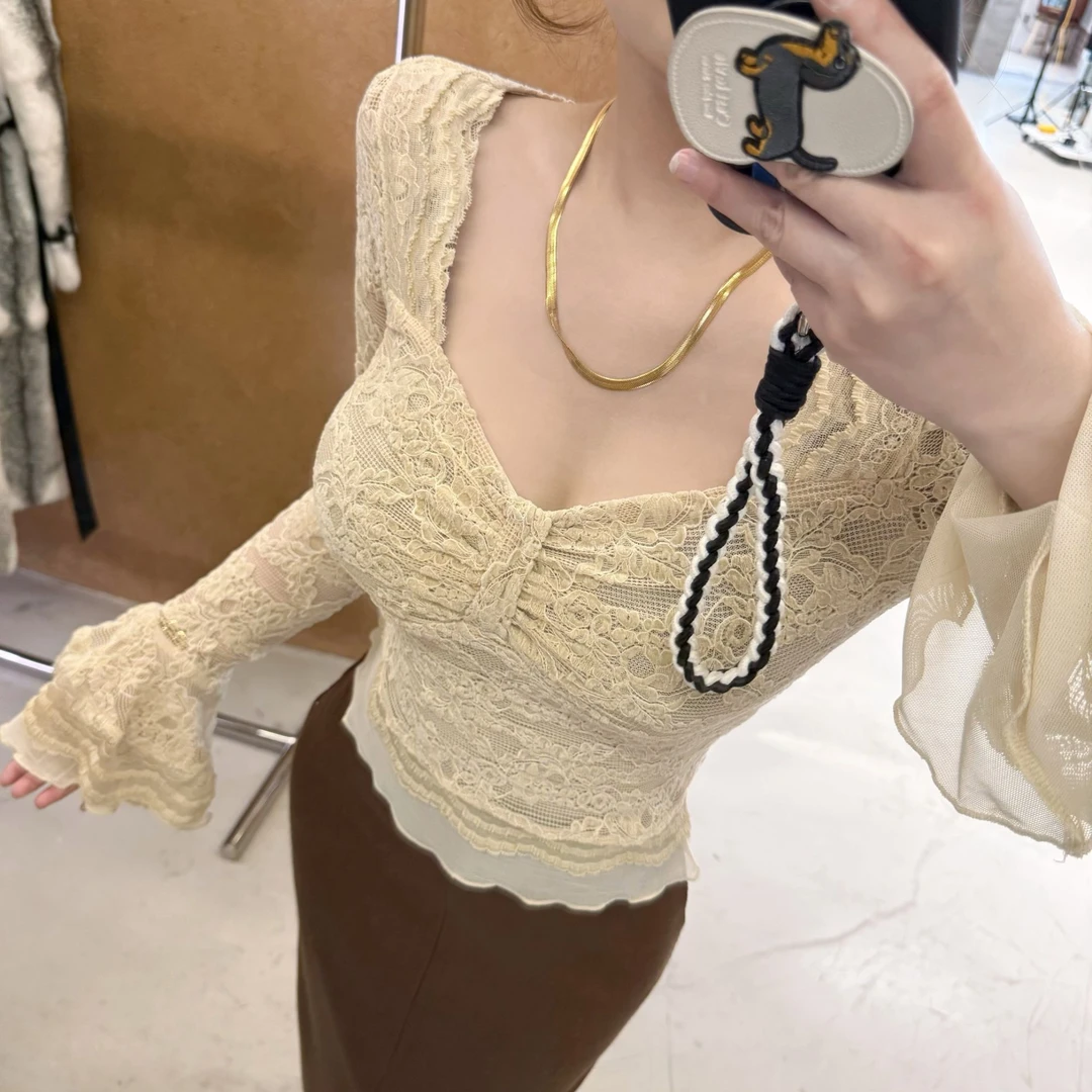 GUIDI GUDI【很有把握】豹纹百搭时尚长袖蕾丝上衣T恤 T9430849H