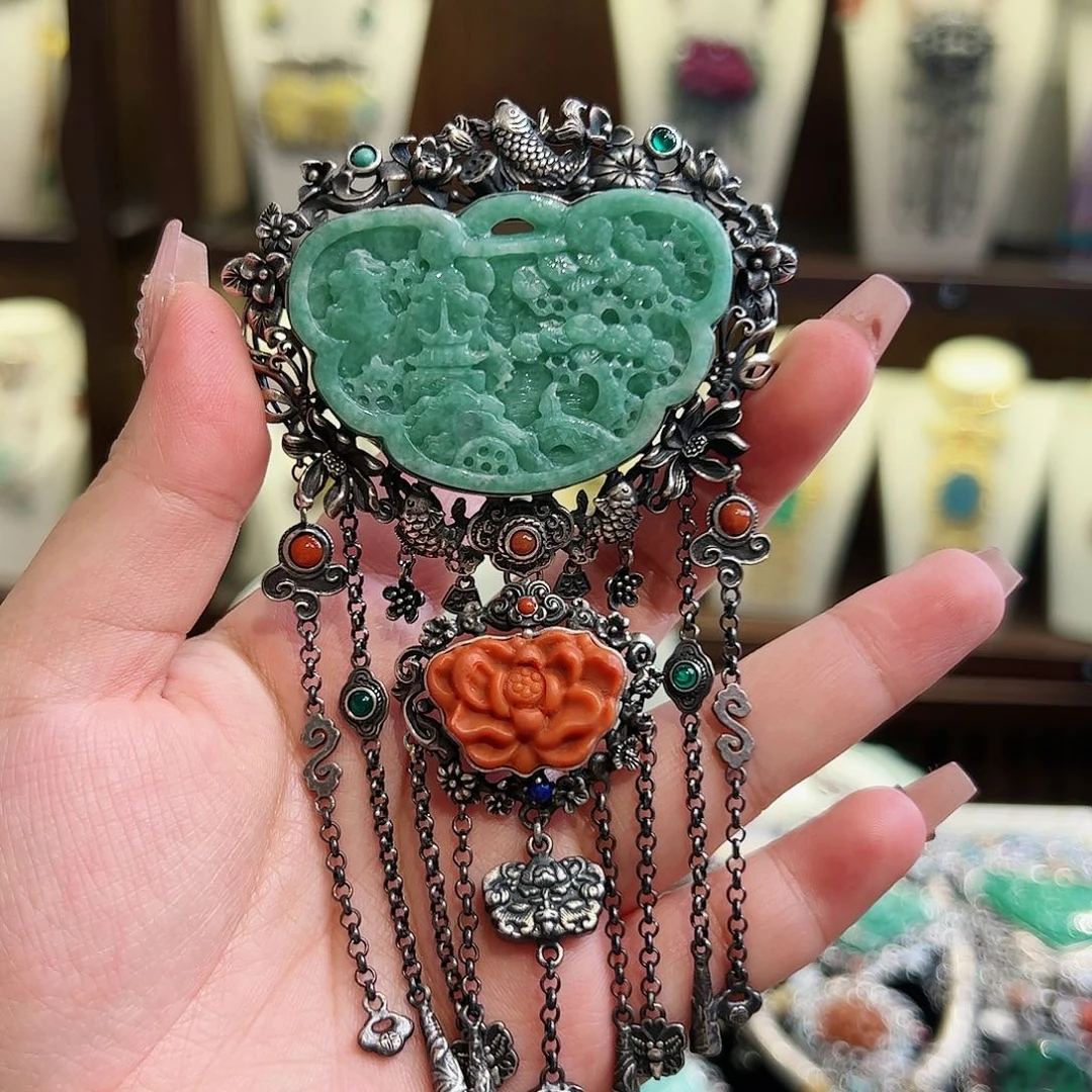 翡翠颈饰银S925镶嵌古风