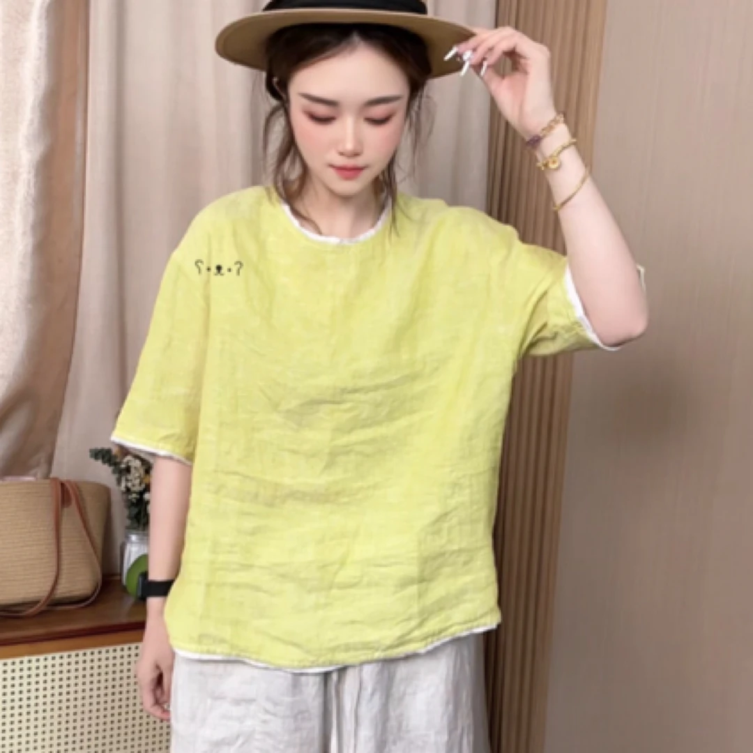 巷子里100%黄金纱雨露亚麻圆领撞色T衣长65胸围118
