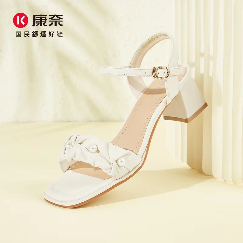 珍珠软面皮方头时装凉鞋一字带11144325